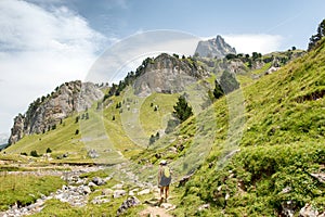 Mature woman hiking in the Pyrenees mountains