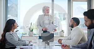 Mature woman, paperwork and leader in business meeting, discussion and talking on company plan. Female person, mentor
