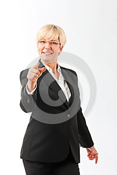 Mature woman point finger on the viewer