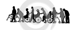 Mature woman pushing strolling with disabled man vector silhouette. Patient in wheelchair isolated on white. Nurse support injured