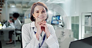 Mature woman, scientist and face in laboratory with laptop for data analysis, pharma research and smile. Person, lab and