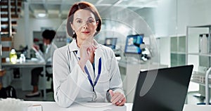 Mature woman, scientist and laptop in laboratory with face for data analysis, pharma research and smile. Person, lab and