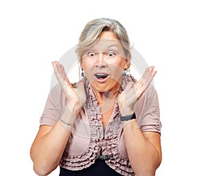Mature woman, shock and studio with hands, thinking and surprise for announcement by white background. Senior person