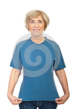 Mature woman showing her t-shirt
