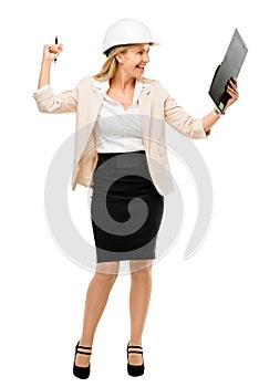 Mature woman supervisor wearing hard hat isolated on white background