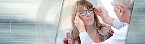 Mature woman testing new eyeglasses, light effect. panoramic banner