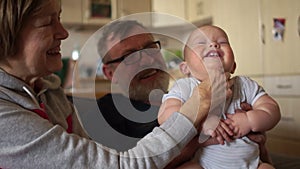 Mature woman tickles baby. A child laughs showing his white milk teeth. Grandpa and Grandma Nurse Grandson