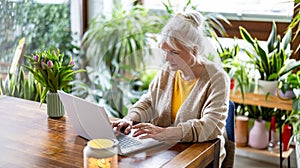 Mature woman using laptop at home