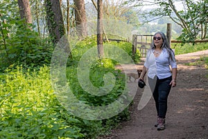 Mature woman walking with her dog on a hiking trail with many green leafy trees on a foggy background