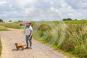 Mature woman walking with her short-haired brown dachshund, hiking trail between Dutch farmland meadows