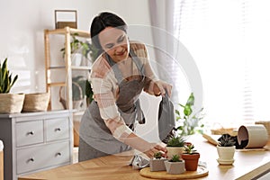 Mature woman watering houseplants. Engaging hobby