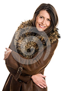 Mature woman wearing sheepskin