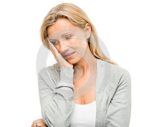 Mature woman worried about the future isolated on white background