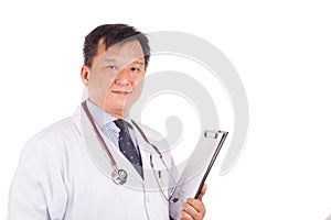 Matured, confident Asian male medical doctor with stethoscope, w