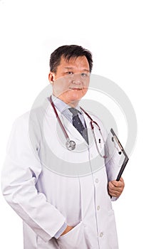 Matured, confident Asian male medical doctor with stethoscope, w