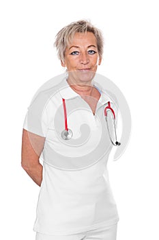 Matured female caregiver, white background