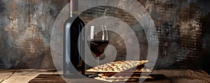 Matzah and red kosher wine on stone background. Passover celebration concept. Jewish Pesach holiday