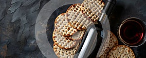 Matzah and red kosher wine on stone background. Passover celebration concept. Jewish Pesach holiday