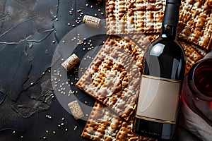 Matzah and red kosher wine on stone background. Passover celebration concept. Jewish Pesach holiday