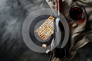 Matzah and red kosher wine on stone background. Passover celebration concept. Jewish Pesach holiday