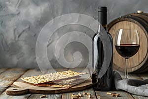 Matzah and red kosher wine on stone background. Passover celebration concept. Jewish Pesach holiday