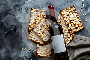 Matzah and red kosher wine on stone background. Passover celebration concept. Jewish Pesach holiday
