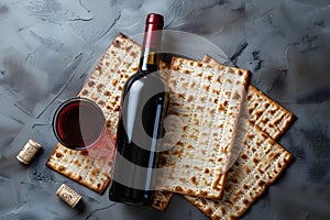 Matzah and red kosher wine on stone background. Passover celebration concept. Jewish Pesach holiday