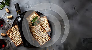 Matzah and red kosher wine on stone background. Passover celebration concept. Jewish Pesach holiday