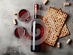 Matzah and red kosher wine on stone background. Passover celebration concept. Jewish Pesach holiday