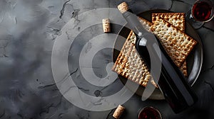 Matzah and red kosher wine on stone background. Passover celebration concept. Jewish Pesach holiday