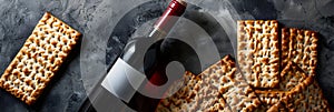 Matzah and red kosher wine on stone background. Passover celebration concept. Jewish Pesach holiday