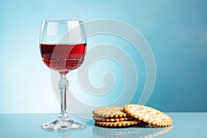 Matzah, red wine, kosher Jewish bread. Pesach holiday. Passover food Generative AI