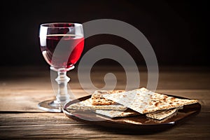 Matzah, red wine, kosher Jewish bread. Pesach holiday. Passover food Generative AI