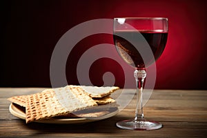 Matzah, red wine, kosher Jewish bread. Pesach holiday. Passover food Generative AI