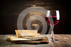 Matzah, red wine, kosher Jewish bread. Pesach holiday. Passover food Generative AI