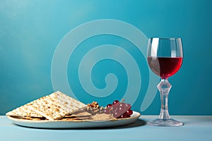 Matzah, red wine, kosher Jewish bread. Pesach holiday. Passover food Generative AI