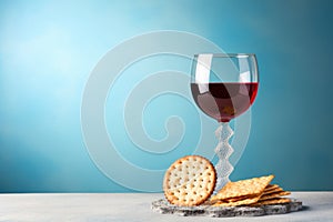 Matzah, red wine, kosher Jewish bread. Pesach holiday. Passover food Generative AI