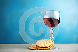 Matzah, red wine, kosher Jewish bread. Pesach holiday. Passover food Generative AI