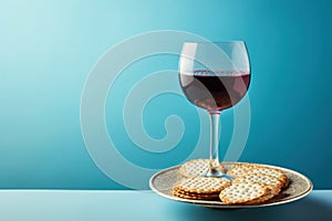 Matzah, red wine, kosher Jewish bread. Pesach holiday. Passover food Generative AI