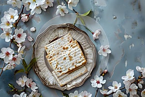 Matzah and spring flowers on kitchen table. Jewish holiday bread matza or matzoh. Happy Passover