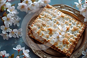 Matzah and spring flowers on kitchen table. Jewish holiday bread matza or matzoh. Happy Passover