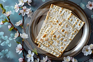 Matzah and spring flowers on kitchen table. Jewish holiday bread matza or matzoh. Happy Passover