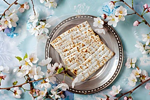 Matzah and spring flowers on kitchen table. Jewish holiday bread matza or matzoh. Happy Passover