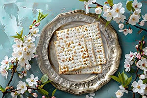 Matzah and spring flowers on kitchen table. Jewish holiday bread matza or matzoh. Happy Passover