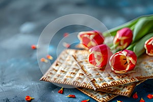 Matzah and spring flowers on kitchen table. Jewish holiday bread matza or matzoh. Happy Passover