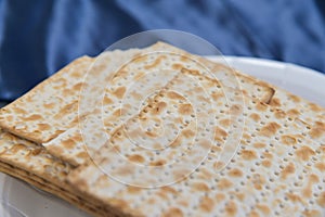 Matzah Unleavened flatbread on Passover Seder table photo