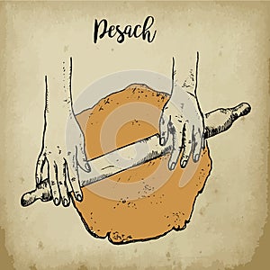 Matzhah for Pesach making sketch vector illustration in vintage old style. Passover holiday, matzah, Jewish traditional