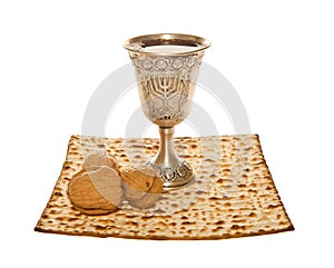 Matzo silver Kiddush cup and walnuts for Passover