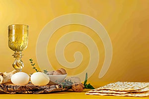 Matzoh bread, walnuts, and seder. Jewish Passover holiday concept. Greeting Card, Copy space