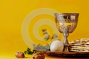 Matzoh bread, walnuts, and seder. Jewish Passover holiday concept. Greeting Card, Copy space